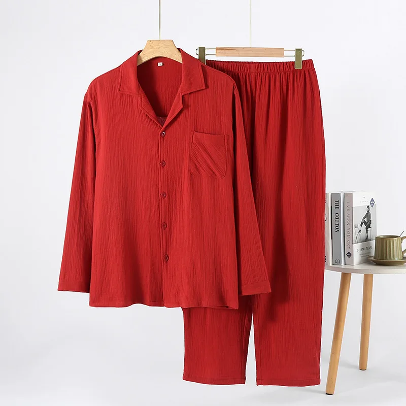 

Red Men's Pajama Suit Cotton Gauze Thin Casual Pijama Set Long Sleeves Shirt Trousers Mens Pyjama Autumn Men Sleepwear
