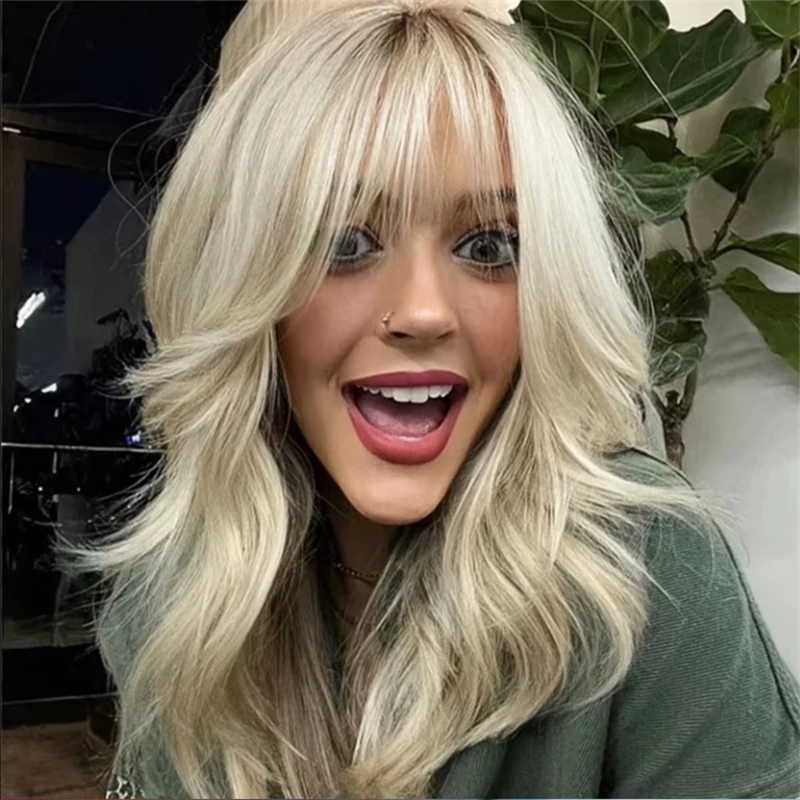 Platinum Blonde with Short Roots Natural Synthetic Wigs Bangs Top Sale on clearance Loose Wavy Lace Top Wig Fringe Glueless