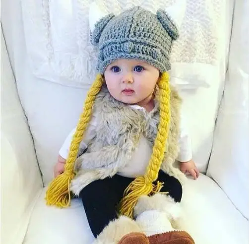 

Special price - 100% cotton Children Pure handmade crochet hat Boys hat Fashion Vikings hat baby Girls big braid hat 3-8Years