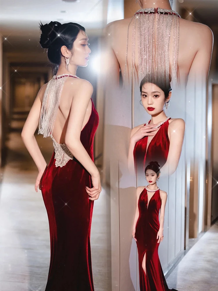 Sexy Backless Dress Red Dress Suit Bride's Fishtail French Velvet Dress Light Luxury Gown Niche Hosting Banquet Wedding Gown