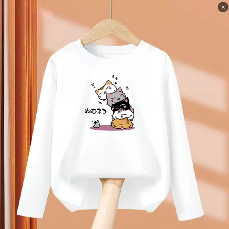 Childrens Spring Autumn T-shirt Cute Human Pyramid Cat Cartoon Shirt Boys Girls Long Sleeved Top Clothing