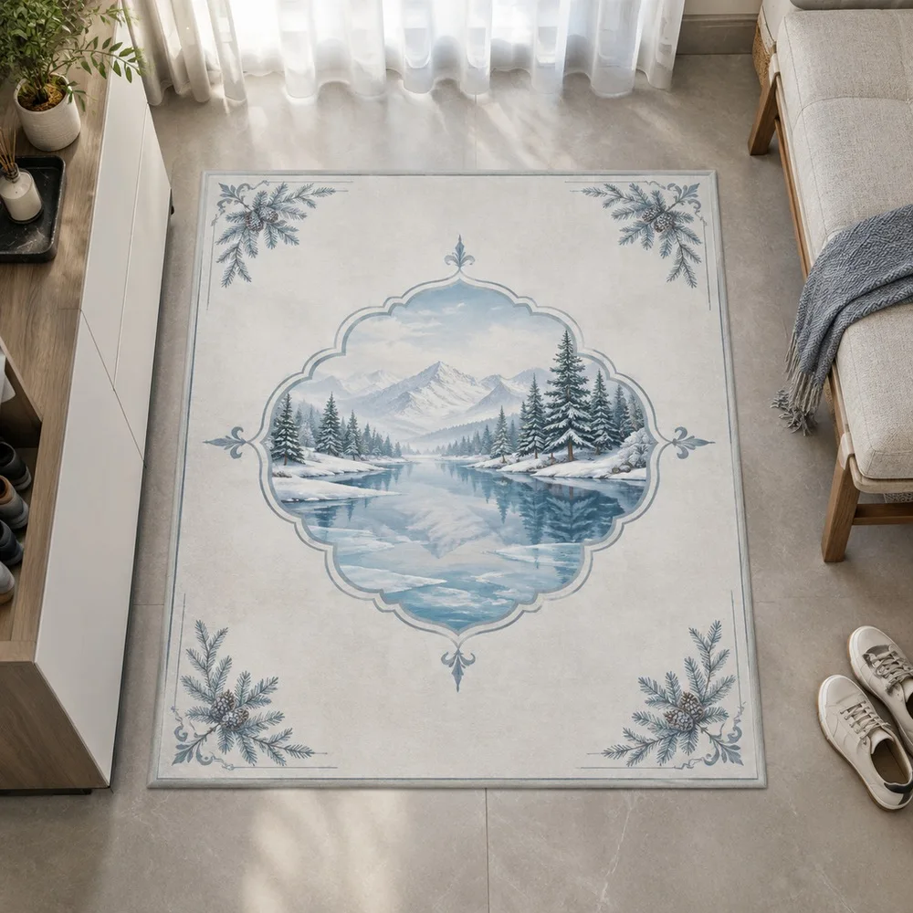 VIKAMA Living Room Rug Misty White Frozen Lake Shore Thickened Foldable Balcony Front Door Window Seat Coffee Table Room Decor