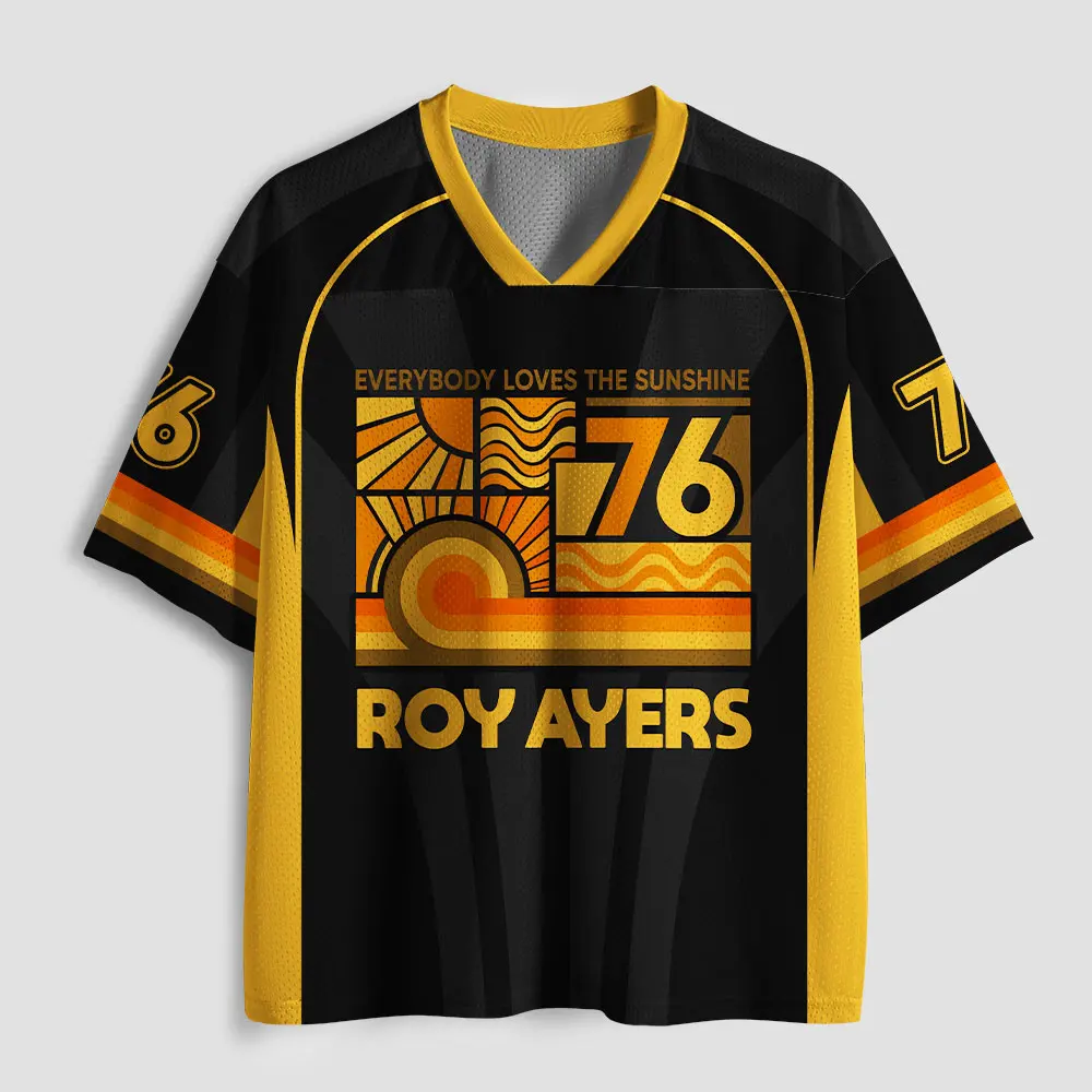 Vintage 70s Funk Music Theme Abstract Sun Wave Art Short Sleeve Jersey Number Cuff Unisex Casual Streetwear Top