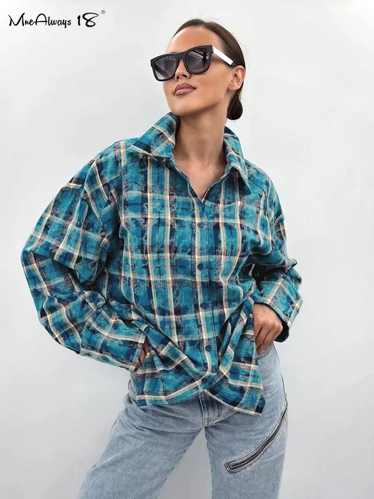 Mnealways18 Blue Plaid Casual Women Shirts Street Style Long Sleeves Oversize Classic Button Streak Blouses And Tops Autumn 2024