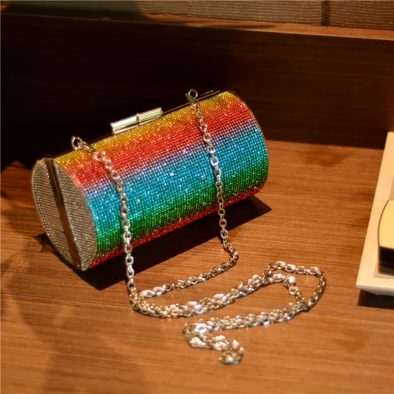 

Rainbow Rhinestone Purse Evening Bags for Women Luxury Party Handbag for Wedding Clutch Bag Diamond Cylinder Shoulder Bag