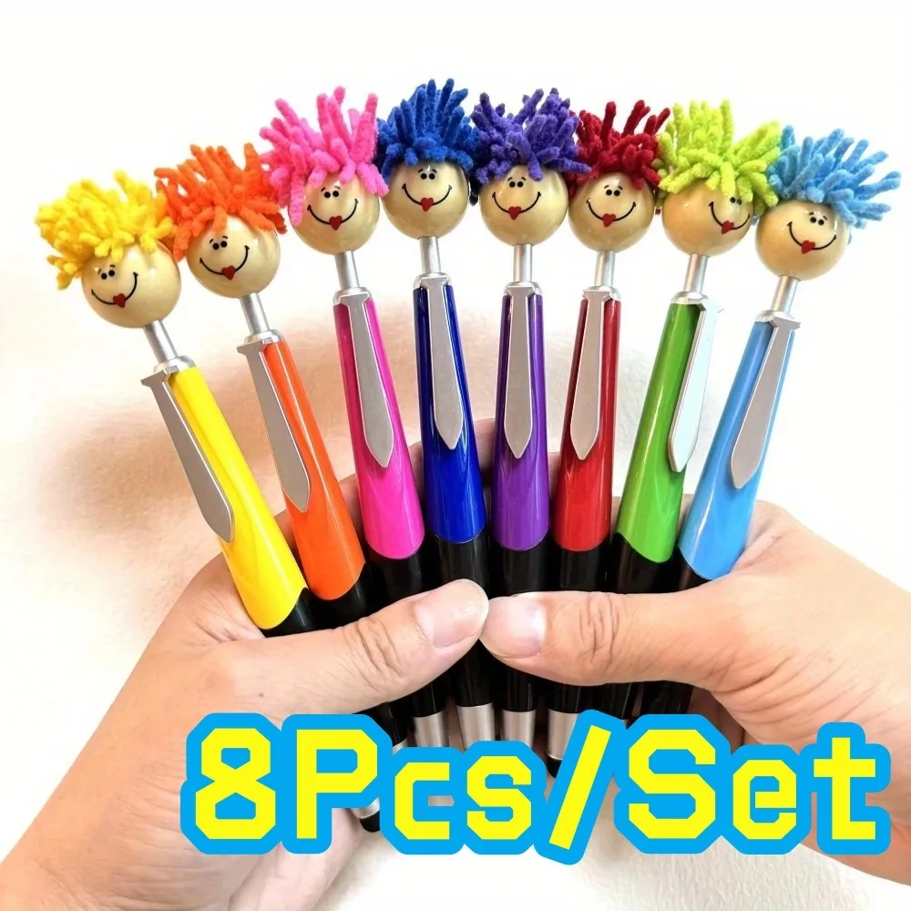8Pcs Cute Doll Head Plush Ballpoint Pen Touch Screen Stylus Cleaning Mop Head Gift Pen Plastic
