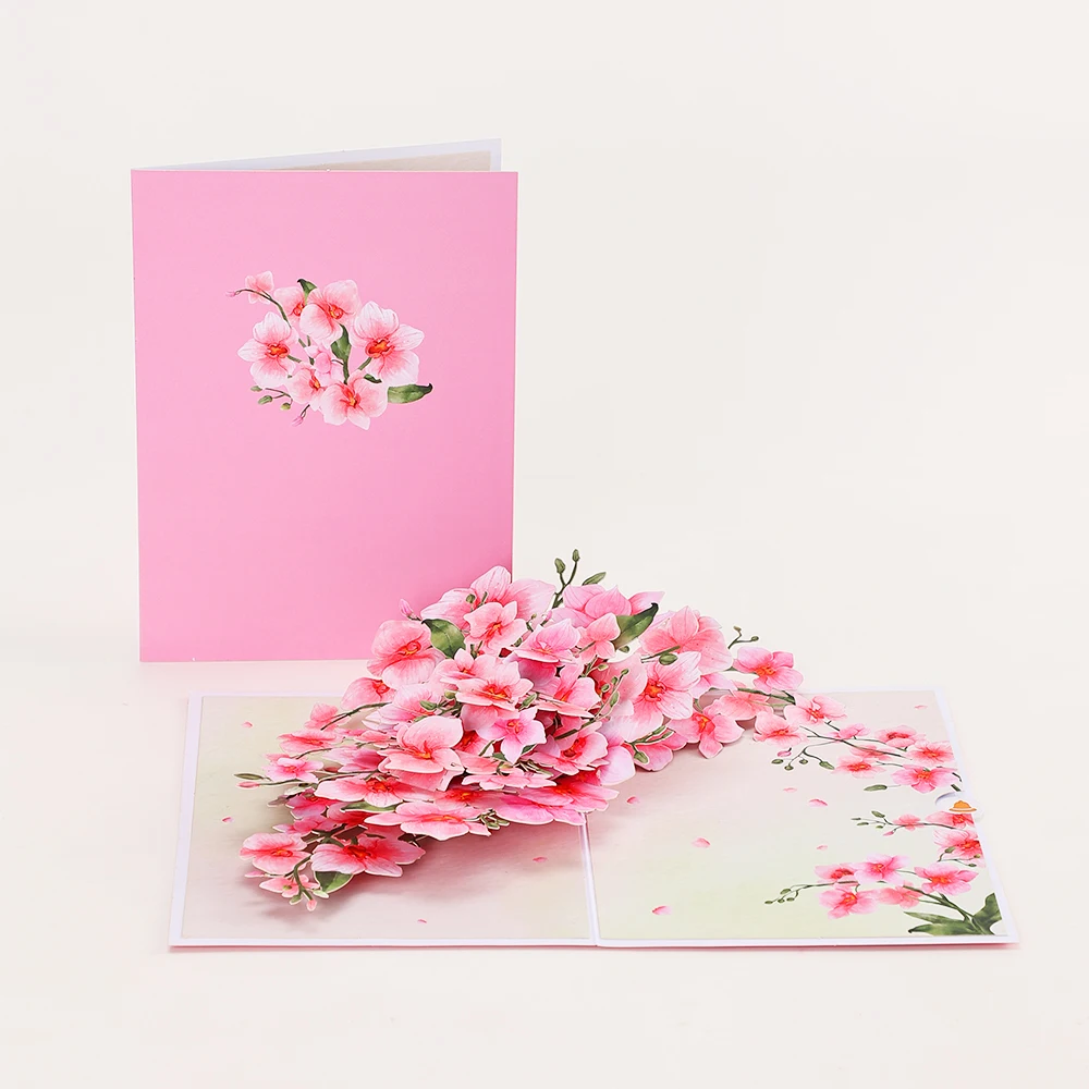 3D-Grußkarte mit rosa Quince-Zweigen, das perfekte Geschenk für Familie, Freunde und Liebhaber.