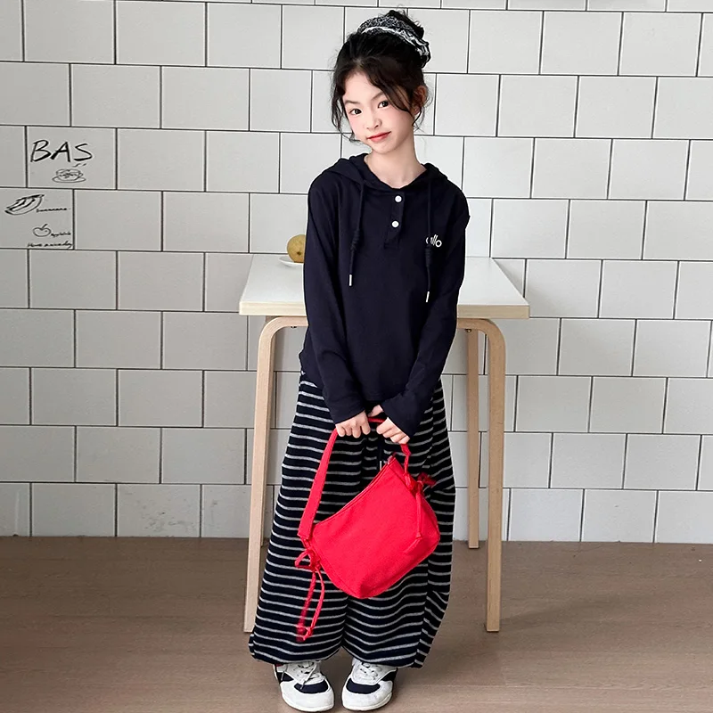 ملابس الفتيات لربيع وخريف 2025 قميص أساسي عصري جديد للأطفال مع بنطال مخطط، طقم مكون من قطعتين لخريف #5