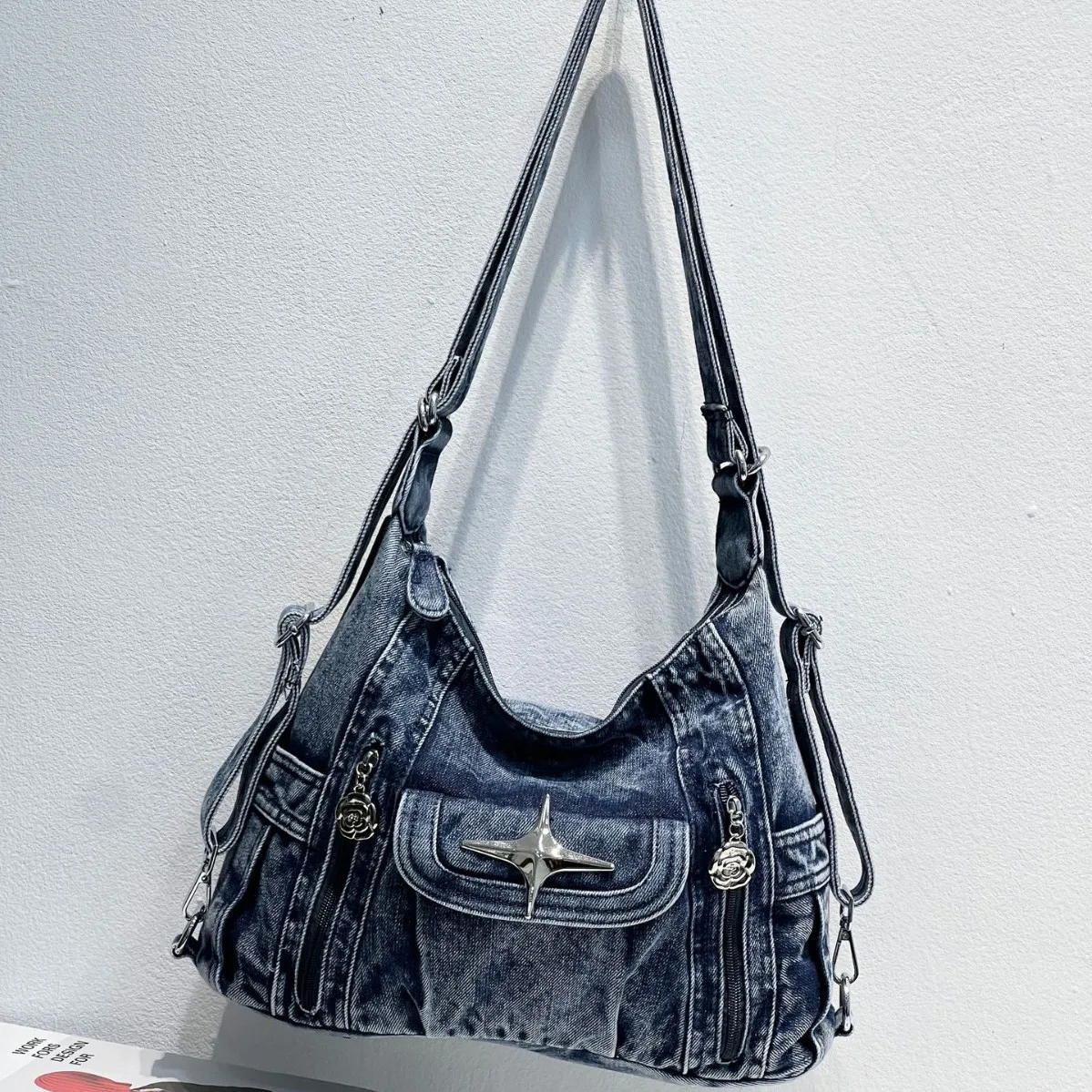 

iPinee new design retro washed denim multi-functional shoulder bag versatile large capacity tote bag