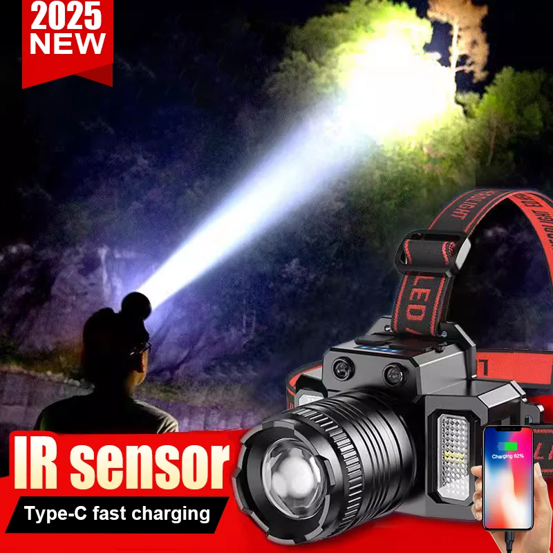 

2025 Rechargeable Headlamp 2000mAh Ultra Bright Head Torch Induction LED Headlight Waterproof Camping Mobile Power Bank Flashing