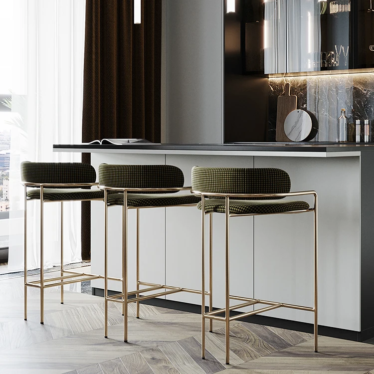 Contemporary Luxury Style Velvet Upholstered Brass Stainless Steel Barstool