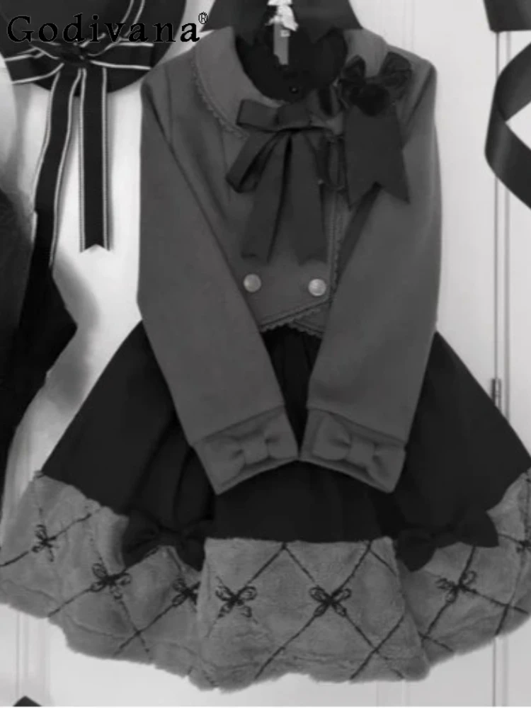 Autumn Winter Fashion Korean Sweet Double-breasted Long Sleeve Woolen Top Elegant Girls Versatile Age Reduction Bow Skirt Sets