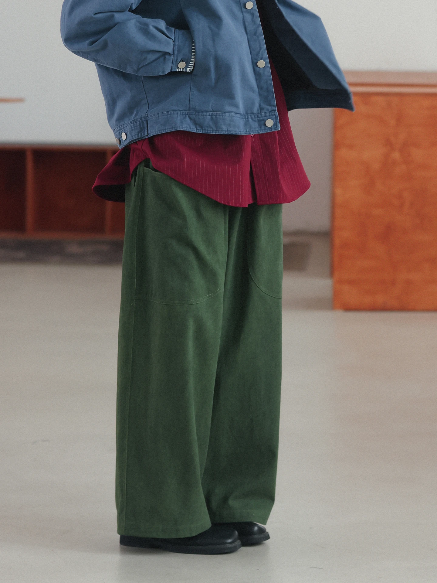 Noears Japanese Style Cityboy Loose Straight Leg Casual Pants Spring Autumn Vintage Design Large Pocket Long Trousers Green