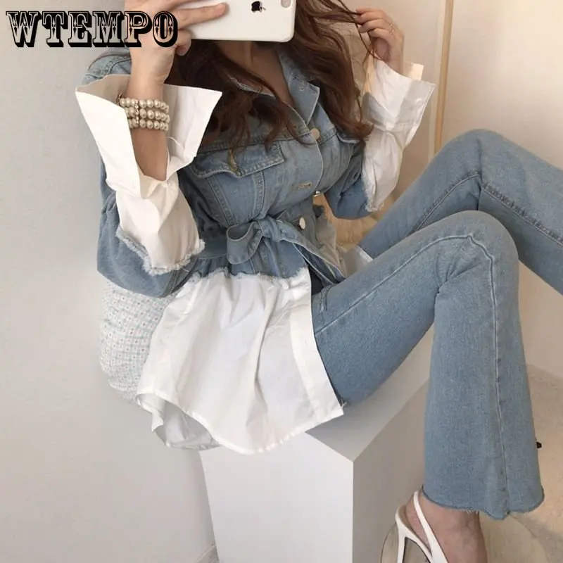 

WTEMPO Women Turn Down Collar Spliced Design Shirts Long Sleeve Patchwork Denim Blouses Loose Button Down T-shirts with Belt