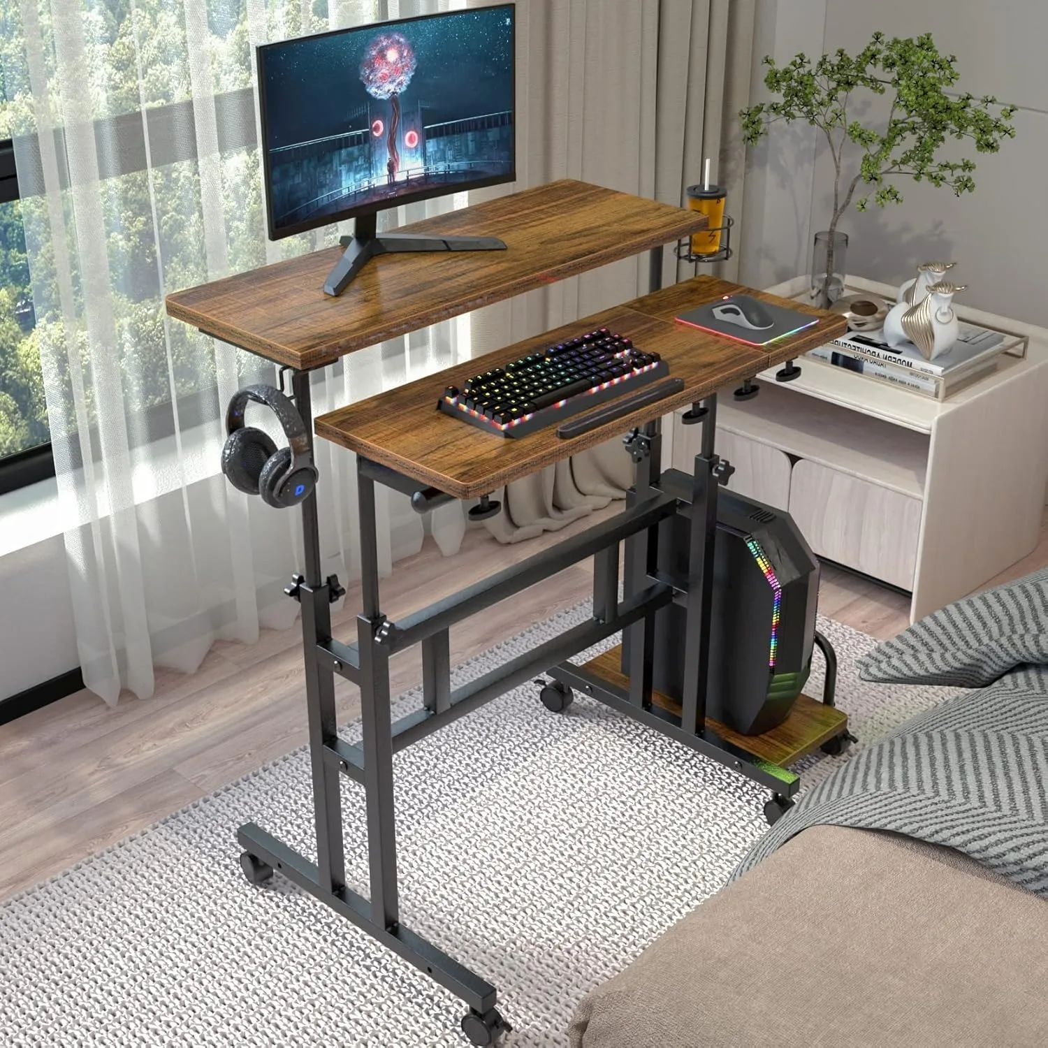 Height Adjustable Computer Desk with Wheels, Rolling Laptop Desk with Cup Holder, Headphone Hook Sit-Stand Computer Workstation