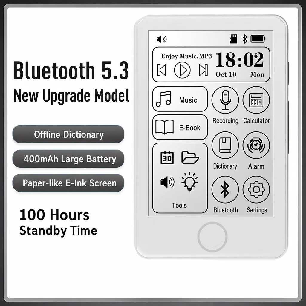 Yoaingo Ink Screen Mp3 Bluetooth 5.3 Offline Word Search Large Battery Soft Paper Feel E-Reader  Multilingual