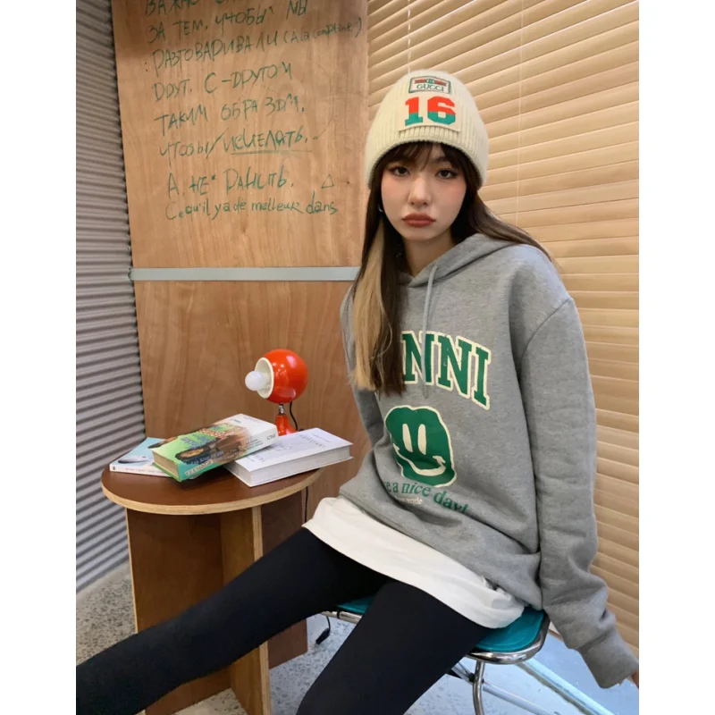 

Grey Hoodie Women Sweatshirt Letter Vintage Long Sleeve Korean Fashion Casual Y2K Style Autumn 2023 NEW Female Pullover Tops