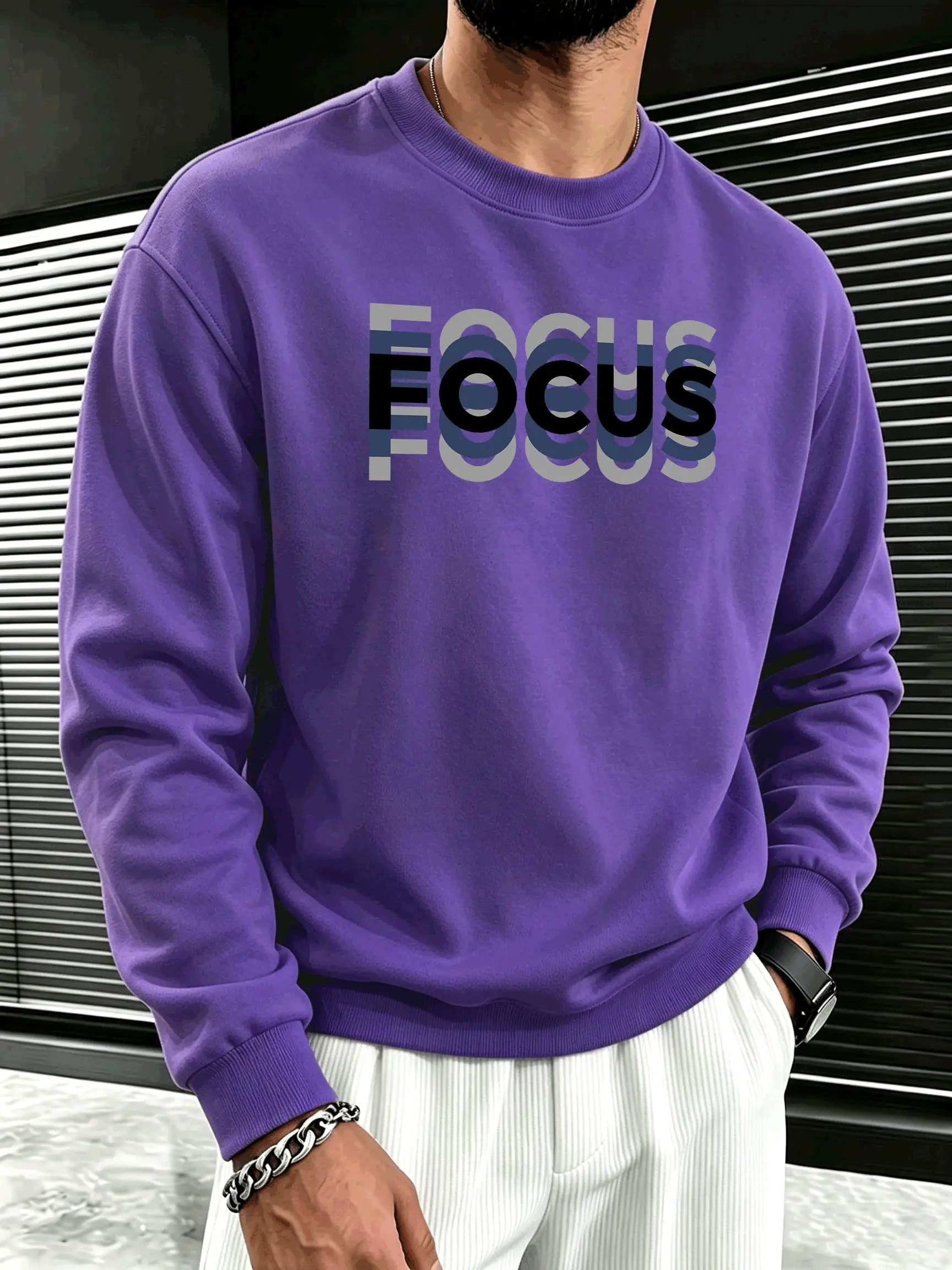 Focus Overlap Art Letter Printed Men'S Sweatshirt Street Autumn Pullover Korean Y2K Loose Sportswear O-Neck Fleece Clothes