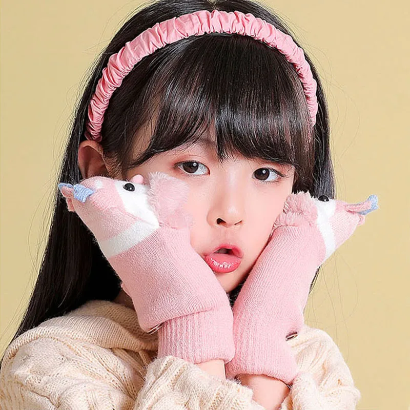 4-12 Years Children Gloves Winter Girls Knitted Half Finger Flip Gloves Plush Thick Warm Cartoon Boy Christmas Deer Kids Mittens