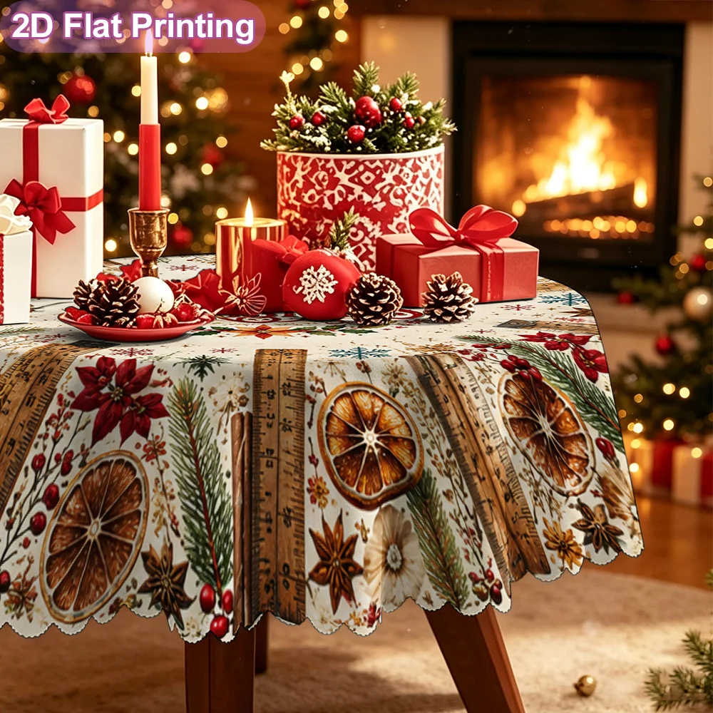 2D flat single piece festive round tablecloth with Merry Christmas wreath decoration design