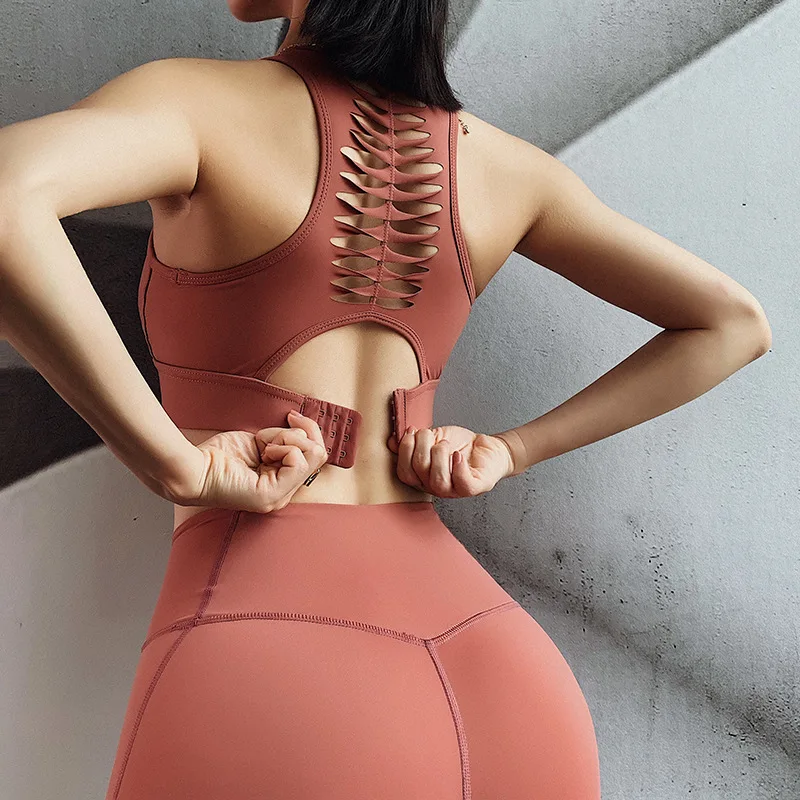 2019 new shuttered hollow back sports bra women's Brocade shockproof yoga sports underwear