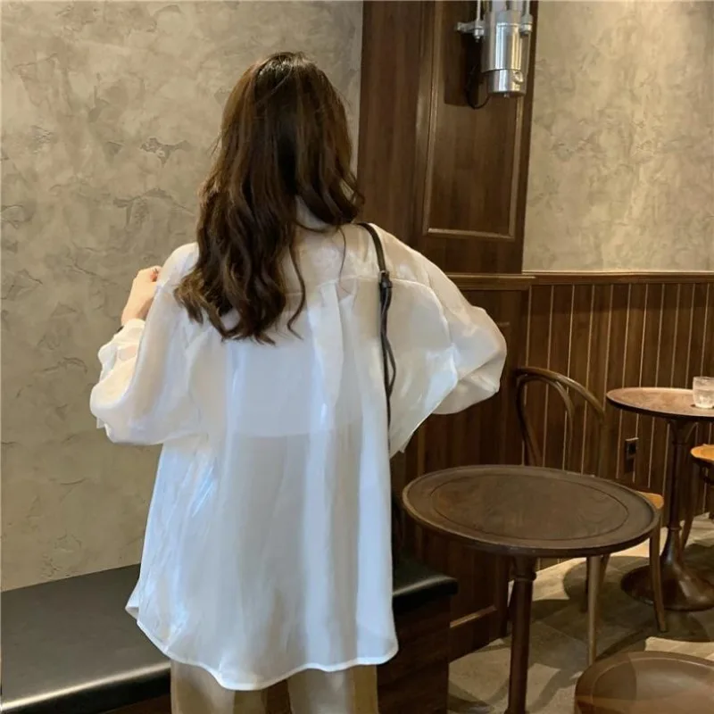 QWEEK  Satin Oversized Long Sleeve Shirt Woman Basic Office Ladies Blouses Korean Fashion Summer Transparent  Aesthetic 2024