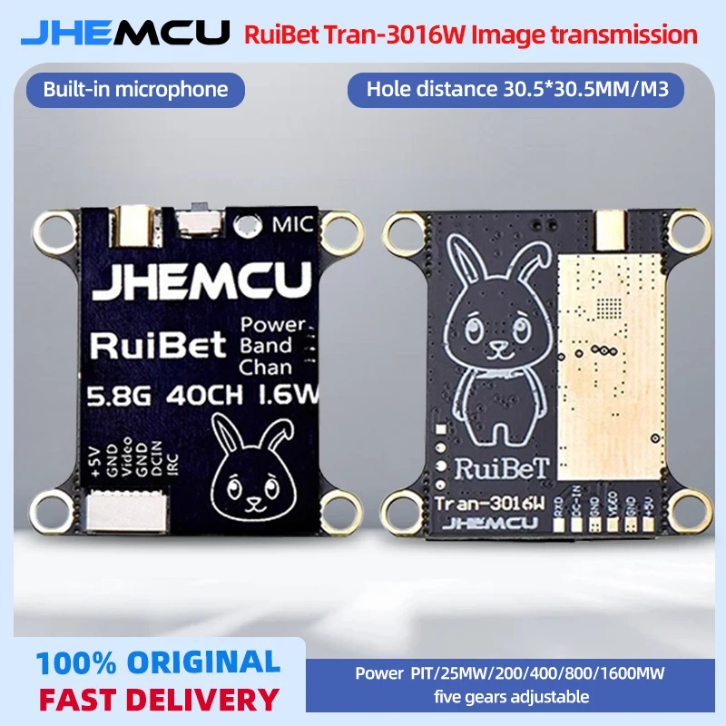 

JHEMCU RuiBet Tran-3016W VTX 5.8GHz 40CH 1.6W Built-in Microphone PIT/25/200/400/800/1600MW Adjustable For FPV Traversing Drones