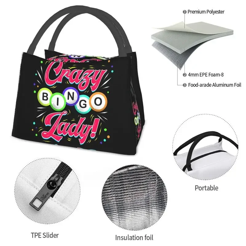 Custom Lucky Game Crazy Bingo Lady Gambling Player Lunch Bags Women Cooler Warm Insulated Lunch Box for Office Travel