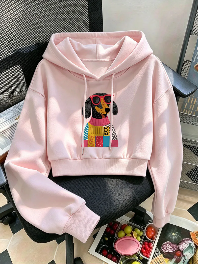 Fashion Women Cute Dachshund Dog Graphic Cropped Hoodie Long Sleeve Y2k Loose Street Style Hooded Sweatshirt Casual Crop Tops