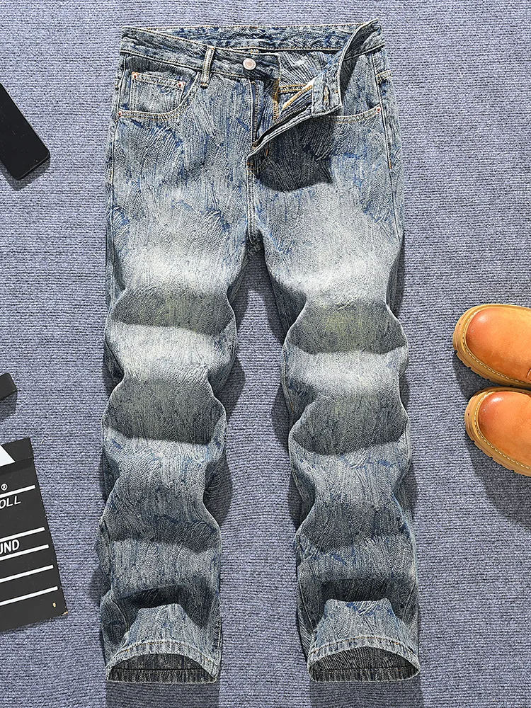 กางเกงยีนส์ขาตรงทรงหลวมสำหรับผู้ชาย พิมพ์ลายปักอินเทรนด์ สไตล์สตรีทแฟชั่น กางเกงย้อนยุคระดับไฮเอนด์และกางเกง Y2K สุดเท่
