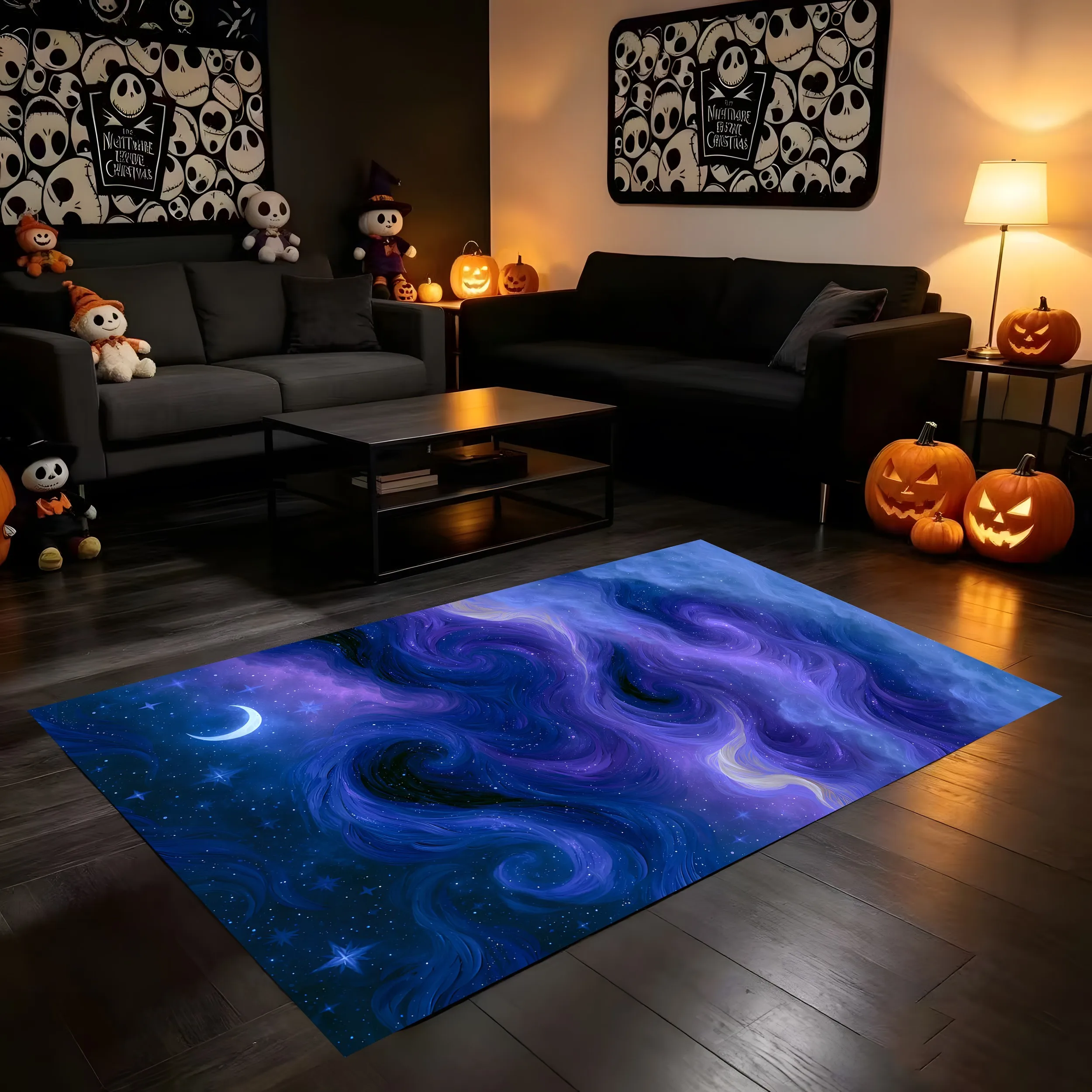 Velvet Rug Purple Blue Flowing Nebula Crescent Moon Starry Sky for Bedroom Living Room Home Decor
