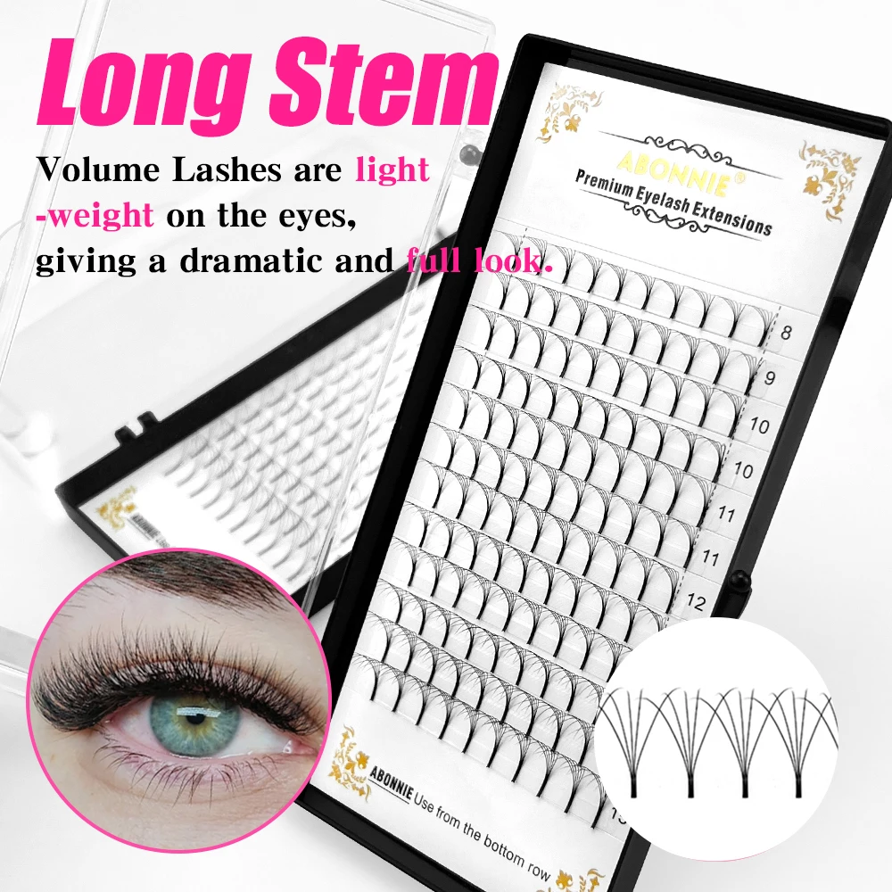 ABONNIE Premade Volume Fans Long Stem Short Stem Russian Volume Eyelash Extension Faux Mink Premium 3D/4D/5D/6D All Size Lashes