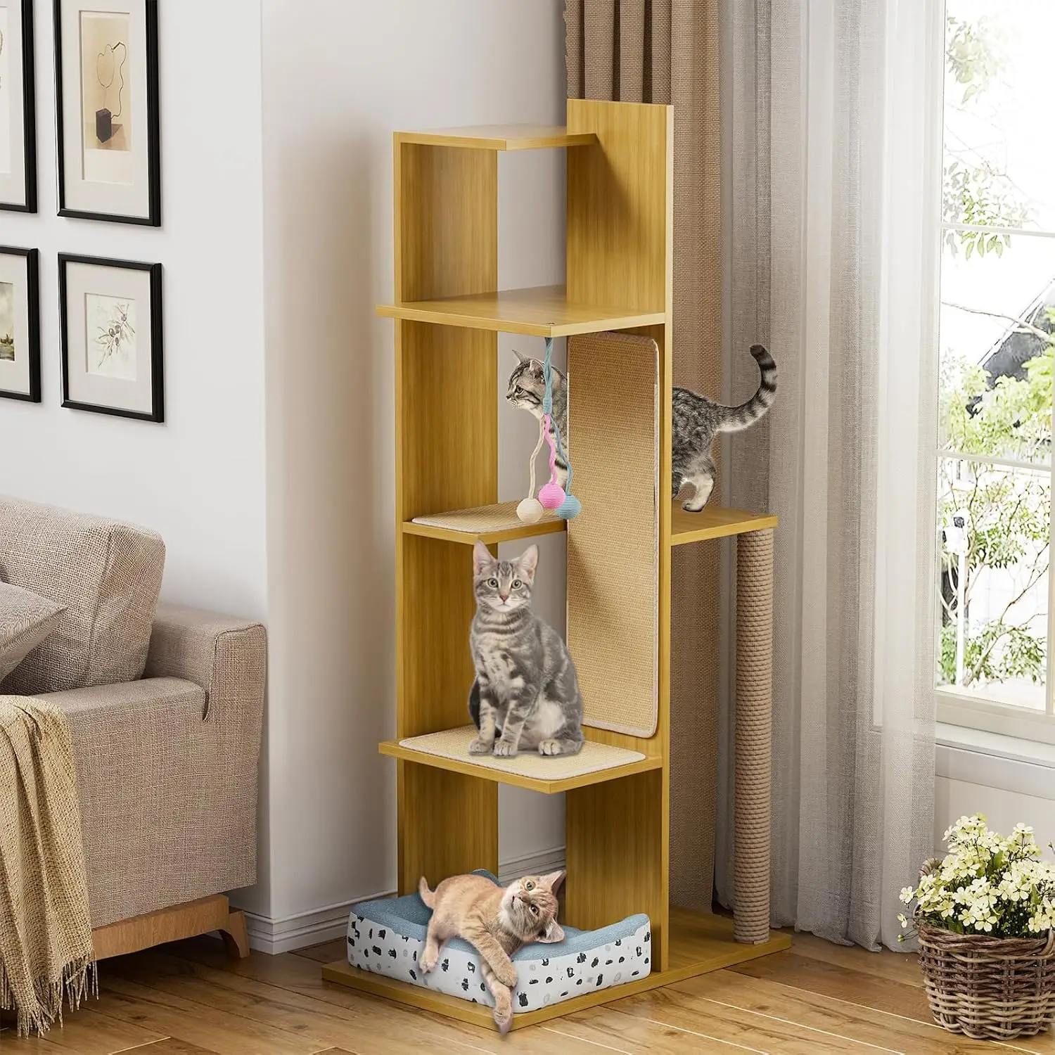 

65.5" Tall Cat Tree, Multi-Level Modern Tower with Sisal Scratching Posts, Cat Bed, Freestanding Wooden