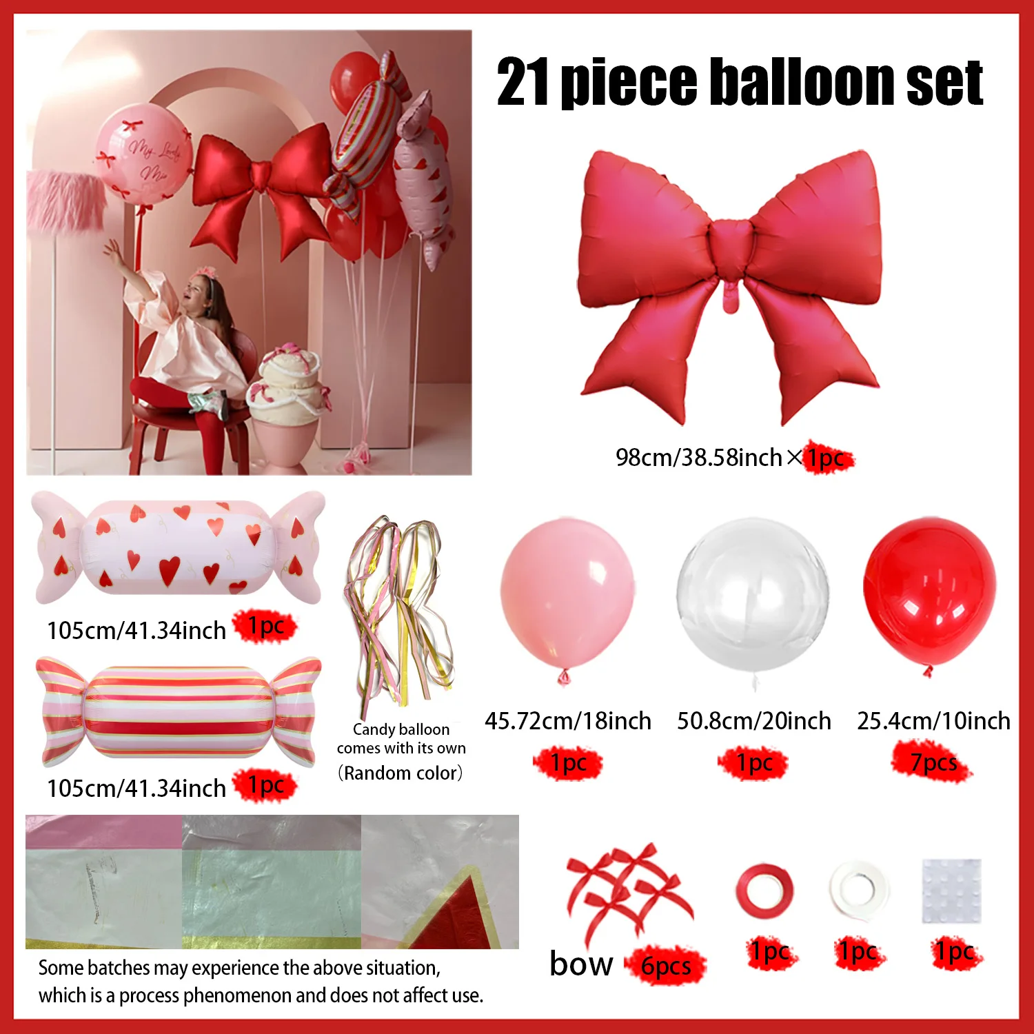 21-teiliges Schleifen- und Bonbon-förmiges Ballonset in Rot und Rosa für Geburtstagsfeiern, Babypartys, Verlobungen, Hochzeiten, Festdekorationen – Detail 2