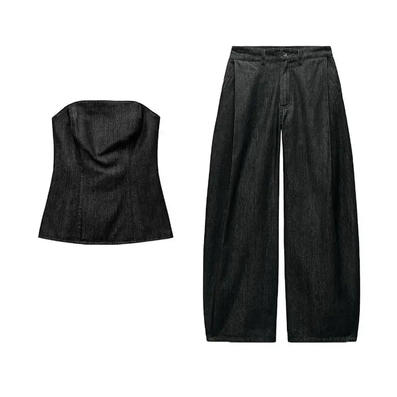 Wiosenny damski komplet: top z denimu z wiązaniem na biuście i długie spodnie, dwuczęściowy zestaw, okrągły dekolt, włókno poliestrowe.