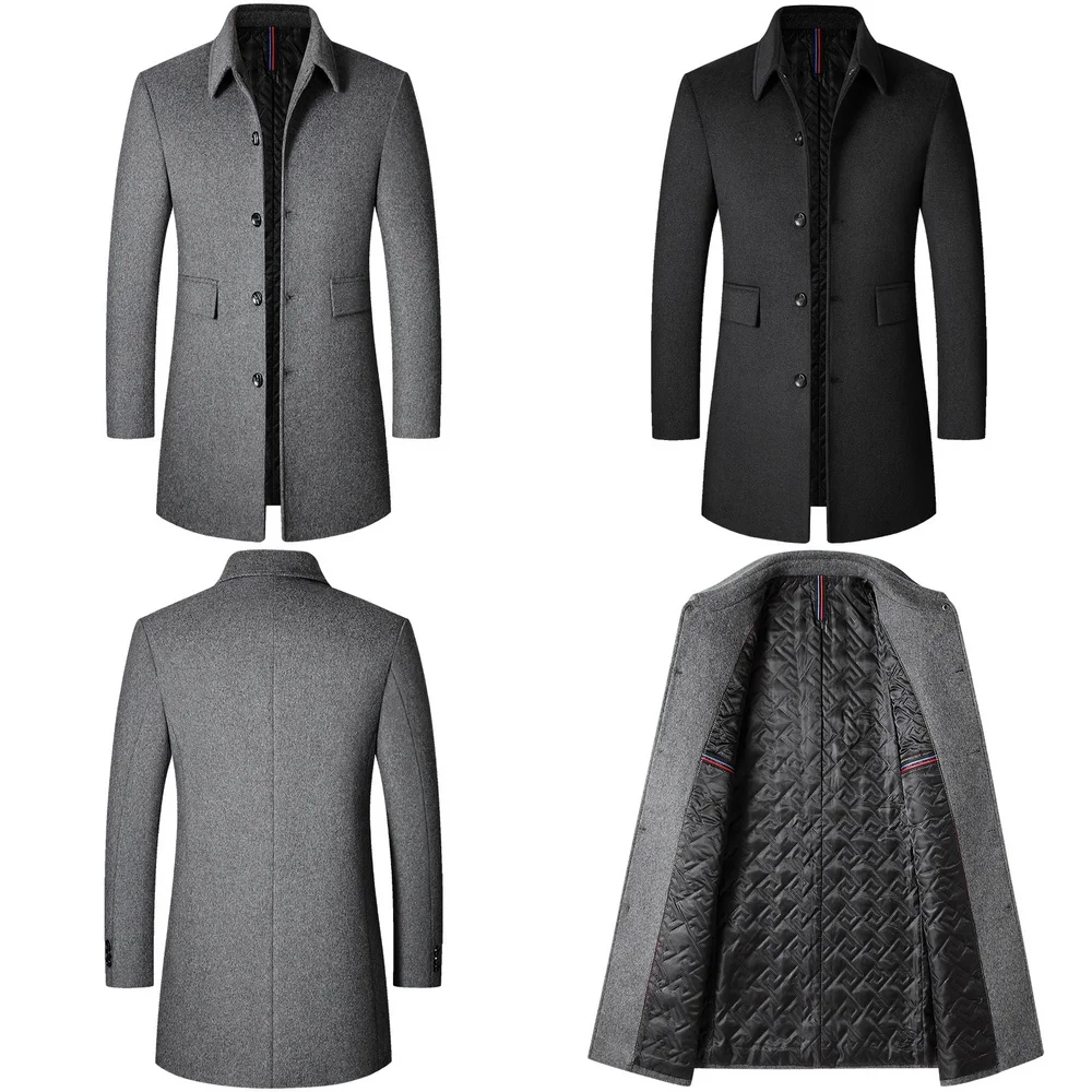 

Windbreaker Jacket Men's Wool Trench Coat Winter Mid Length Korean Style Lapel Overcoat