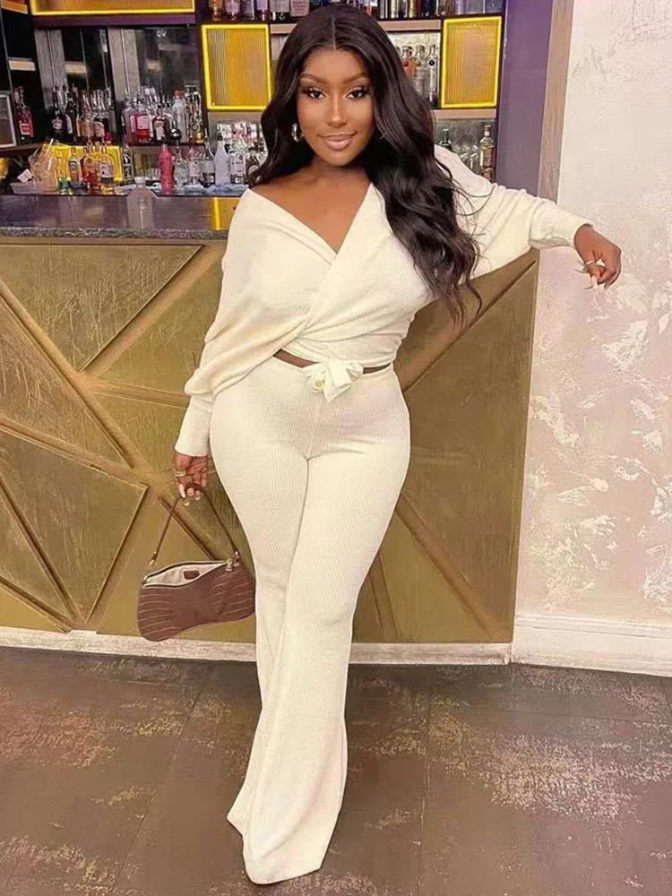 

Осень-зима, однотонный вязаный комплект из двух предметов, женская одежда, топ с v-образным вырезом и длинными рукавами, брюки-клеш, комплекты для мамы, ансамбль Femme