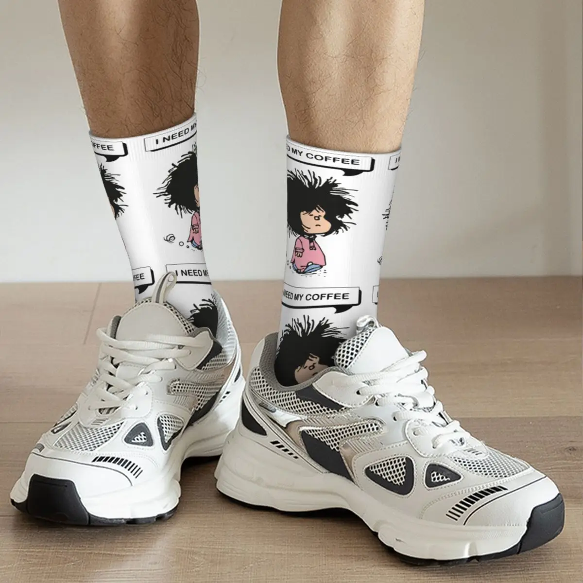 New Male Men Socks Casual Tousled Mafalda That Needs Coffee Sock Quino Comic High Quality Women Stockings Spring Autumn Winter