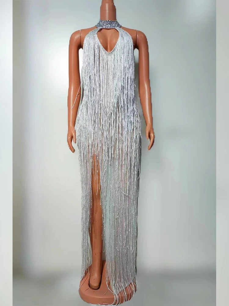 

High Quality Rhinestone Tassel Sexy Hanging Neck Split Dress 2024 New Fashionable Custom Women'S Clothing