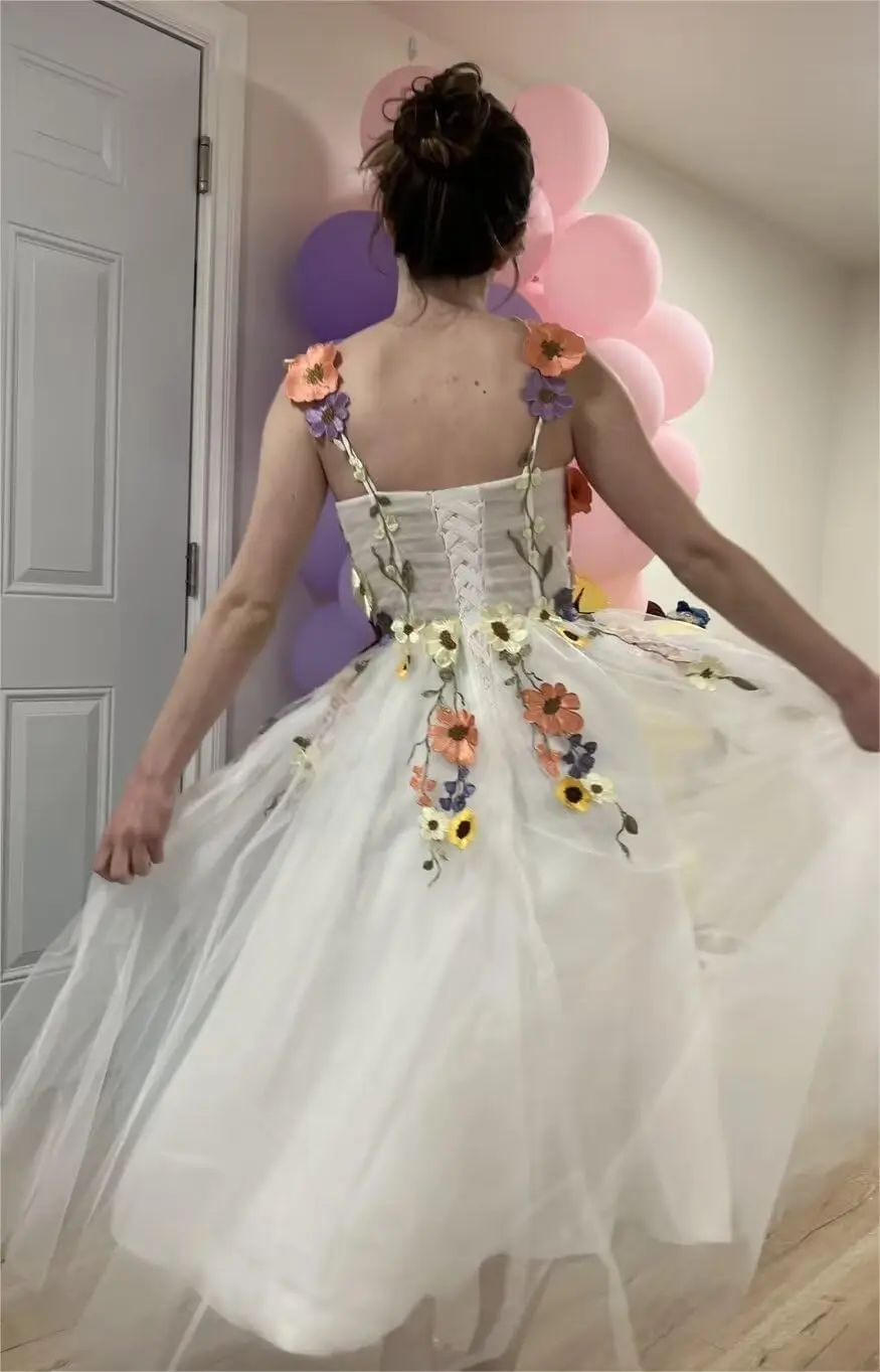 Abiti da ballo con applicazioni floreali 3D Fiore Tulle Abito da sposa lungo da sera formale Abito da sposa Abito da sposa semplice Abito da matrimonio