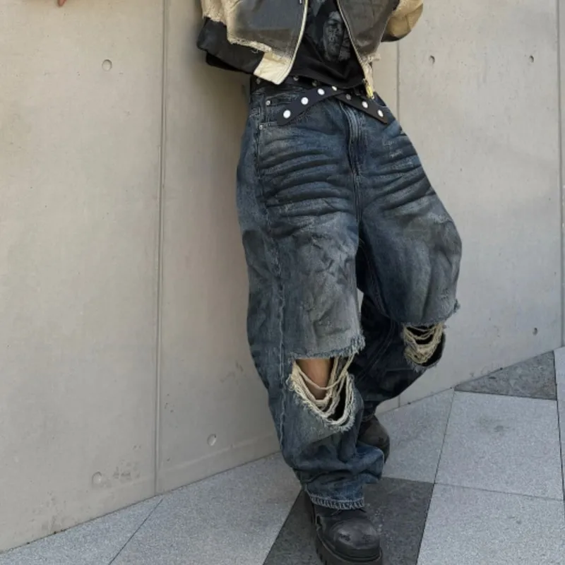 

Niche Designer Vintage Ripped Dirty Washed Distressed Trousers Jeans
