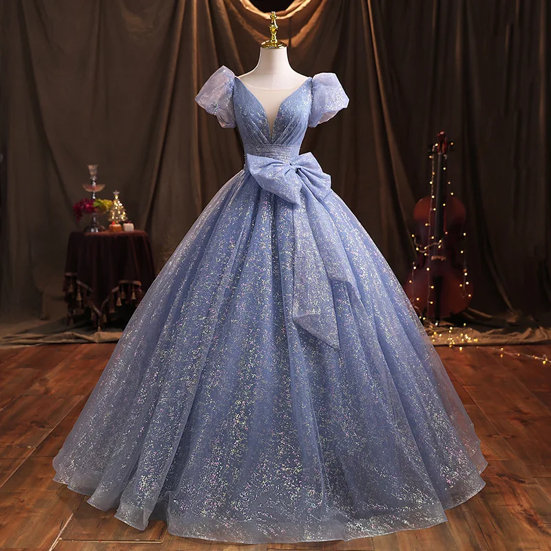 

Blue Tulle Princess Evening Dresses Women Big Bow Deep V-Neck Puff Sleeves Quinceanera Dress Exquisite Sweet Graduation Gown