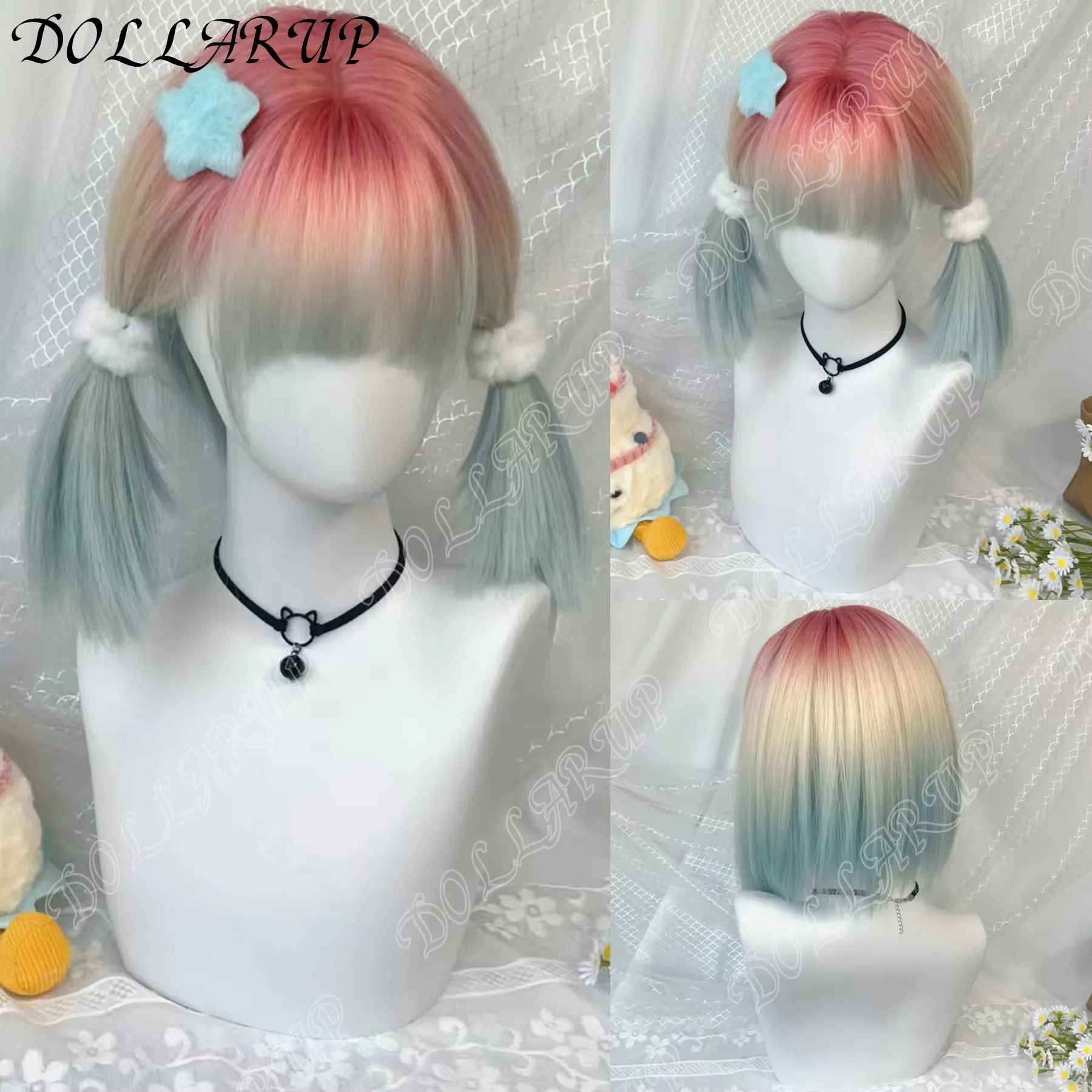 

JKL Pink gradient blue Short Straight Hair Wig for Women with Bangs Gradient Highlights Lolita Bob Wigs Synthetic Wig Pastel