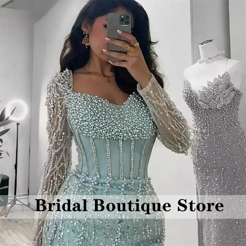 Shining Blue ดูไบชุดราตรี 2025 ประดับด้วยลูกปัดคริสตัลงานแต่งงานชุดสําหรับโอกาสพิเศษ Vestidos ที่กําหนดเอง