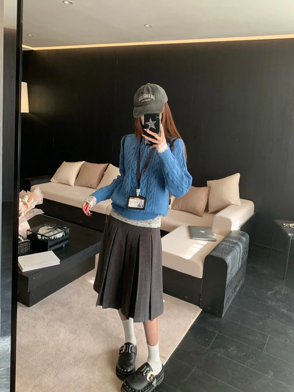 

Korean Style Blue Knitted Sweater Floral T-Shirt Women Winter Set Skirt Three-Piece Suit Floral Print High Waist Skirt Thickened