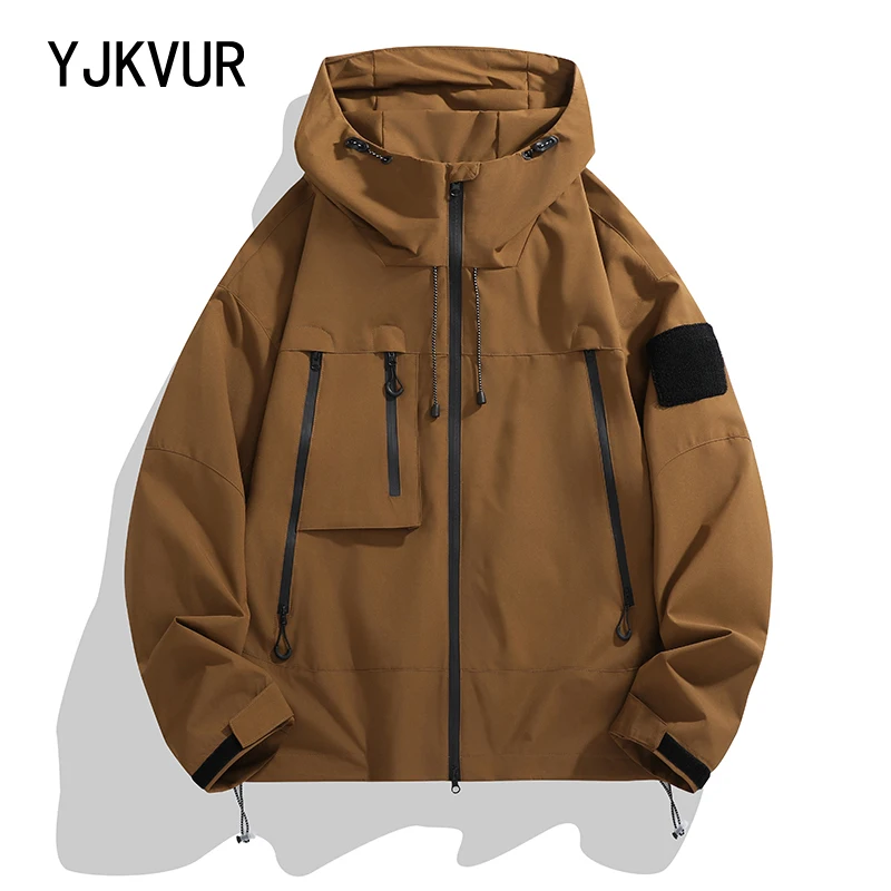 YJKVUR 2024 Autumn New Unisex Soft Shell Outdoor Hooded Jackets Men Plus Size Water Repellent Rain Coats for Hiking,Golf,Travel