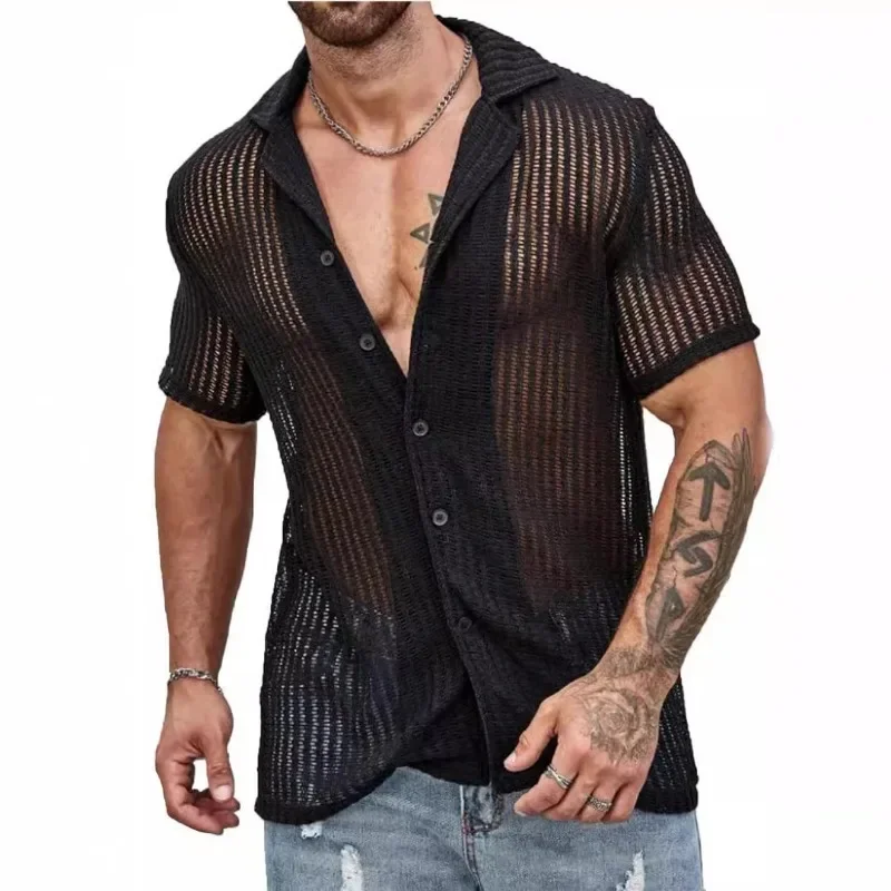 New Men's Casual Shirt Fashion Breathable Men Cardigan Short Sleeve Knit Tops Summer Hollow Out Beach Button Solid Shirts