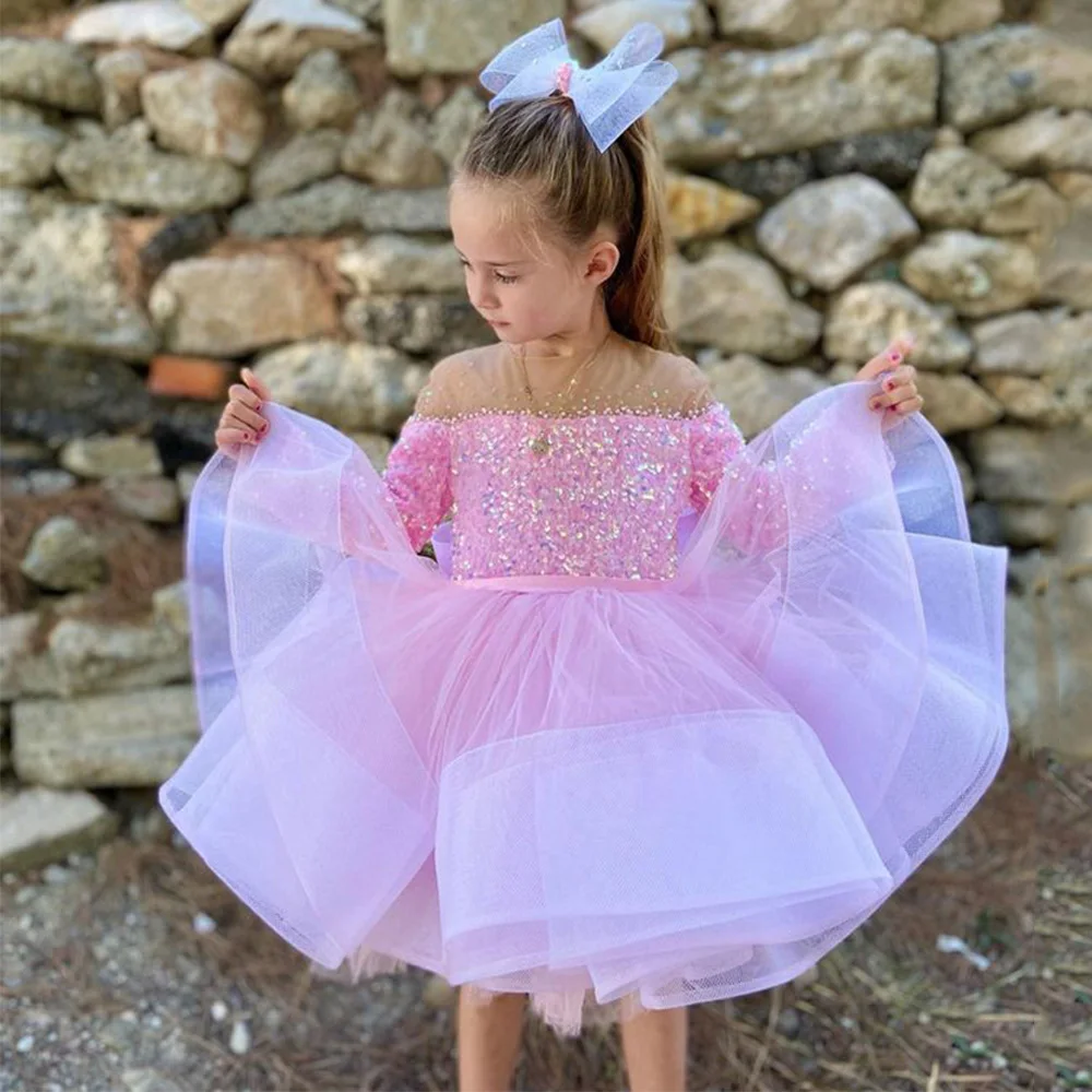 

Cute Baby Birthday Party Dresses Sheer O Neck Long Sleeves Sequined Puffy First Communion Gown Tulle Flower Girl Dresses