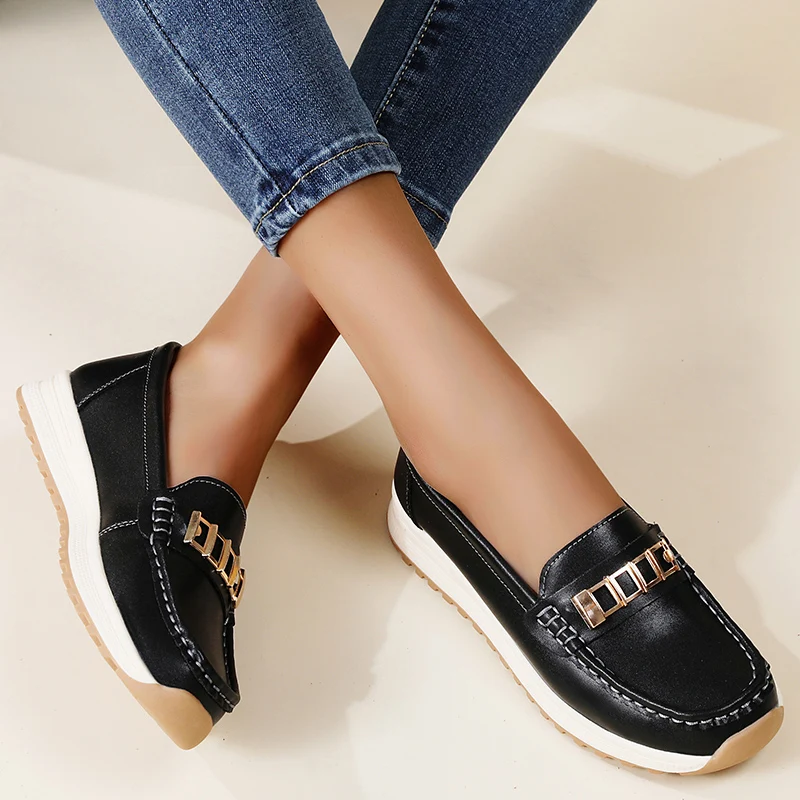 Mocasines verdes para mujer, zapatos sin cordones con plataforma, zapatos informales de cuero cómodos antideslizantes para mujer, zapatos náuticos de talla grande 36-44