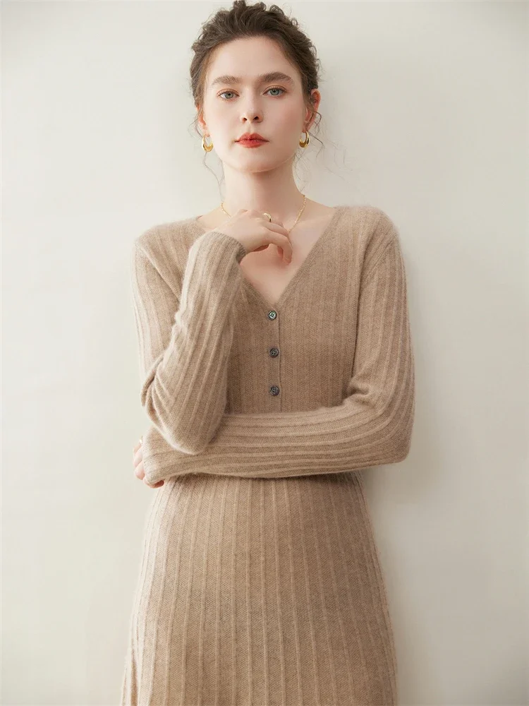 Autumn Winter Sweater Women's Knit Slim Dress 100% Cashmere Dress Warm V-neck Long Skirt Half Open Buckle Vertical Stripes Dress